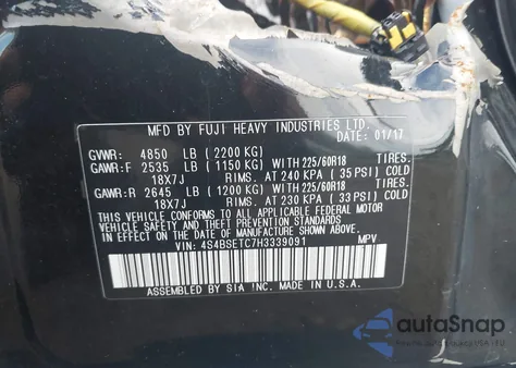 2017 Subaru Outback 3.6R Touring z USA, uszkodzony, nr VIN 4S4BSETC7H3339091